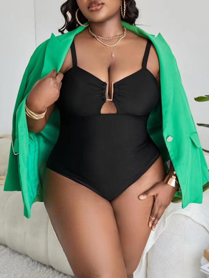 Solid Color Deep V Sexy Hollow Plus Size One-piece Swimsuit